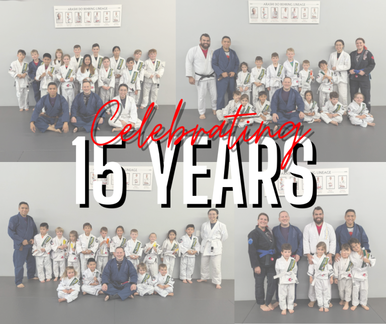 A collage of photos. Each photo shows a group of martial arts students in West Edmonton.